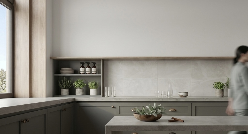A calm, clean kitchen with amber spray bottles on the shelf